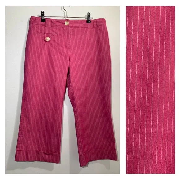 Next Capri Trousers Pink Pinstripe Cotton Blend Cuffed Hem With Pockets UK 14 - Picture 2 of 13